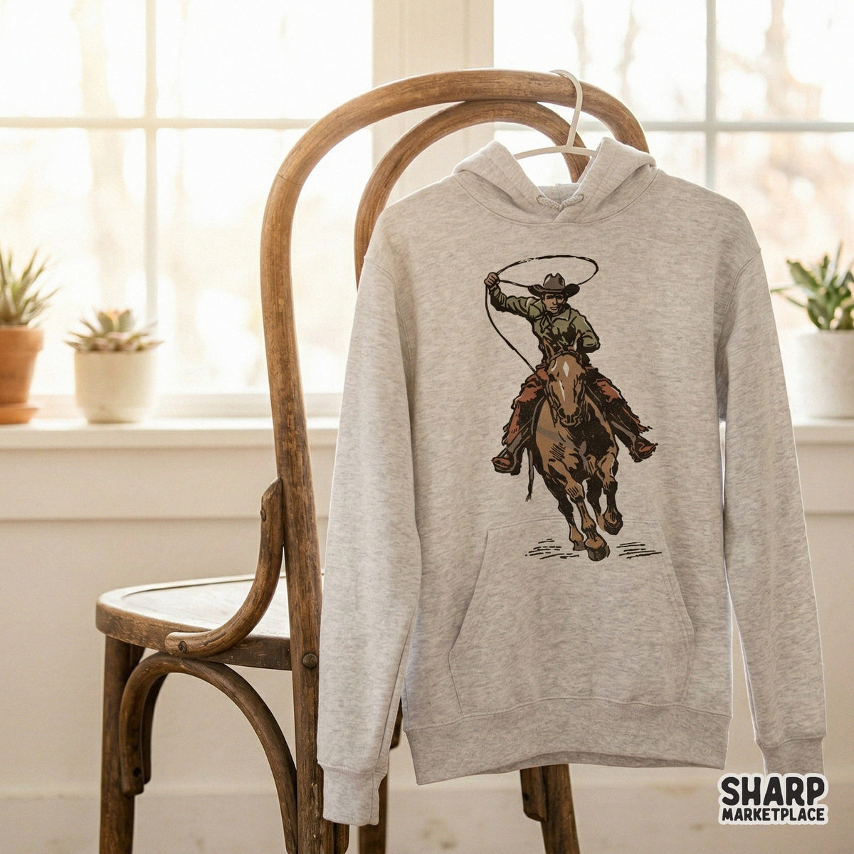 Rustic cowboy lasso rider graphic with weathered textures, perfect for creating custom t-shirts, stickers, or western inspired DIY home decor gifts.
