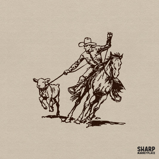 Vintage brown ink illustration of a cowboy on a horse roping a calf, perfect for western apparel and sublimation projects.