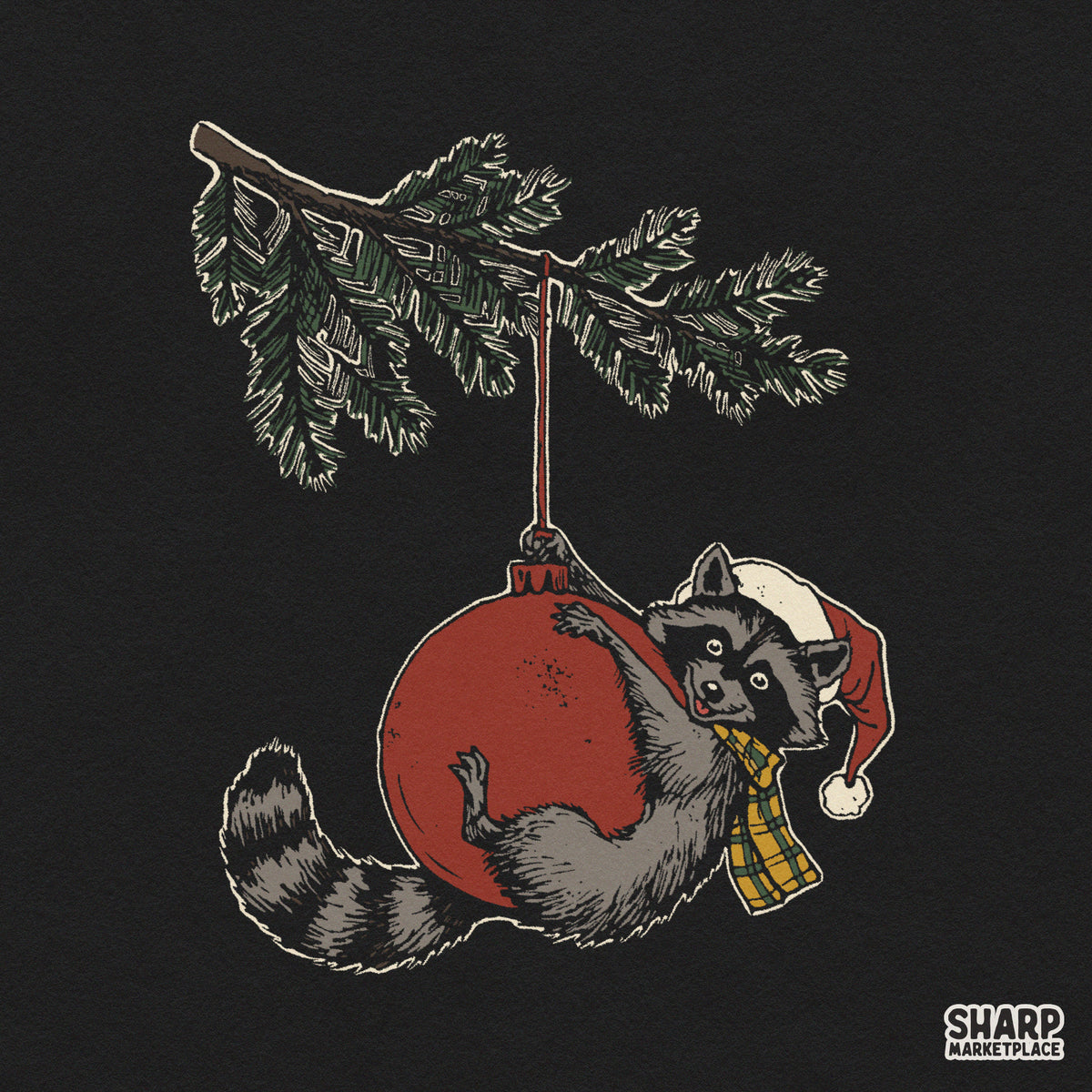 Cute Christmas Raccoon on Tree Ornament Christmas PNG