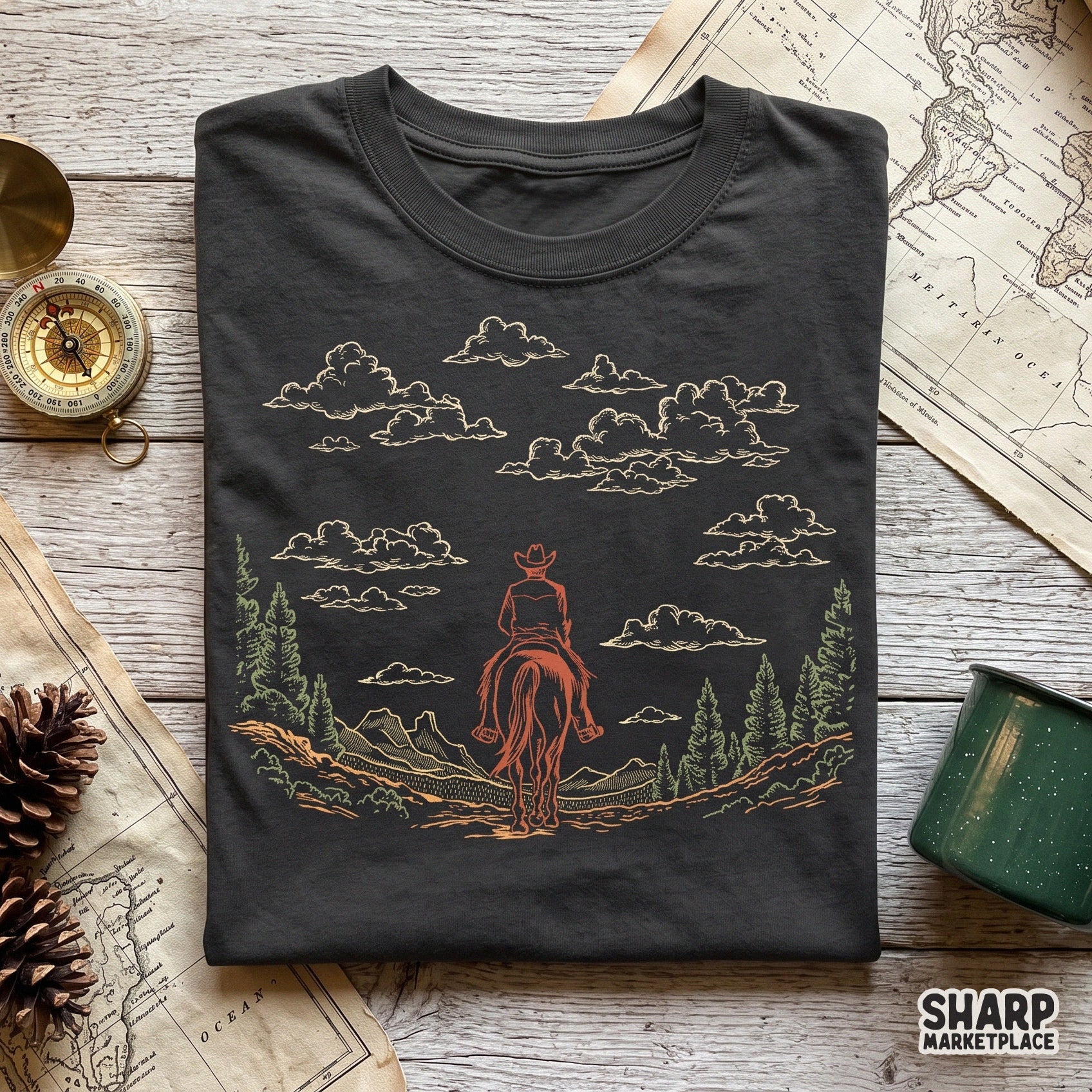 Vintage cowboy riding a horse into a mountain landscape in a retro wild west aesthetic for country music t-shirt designs