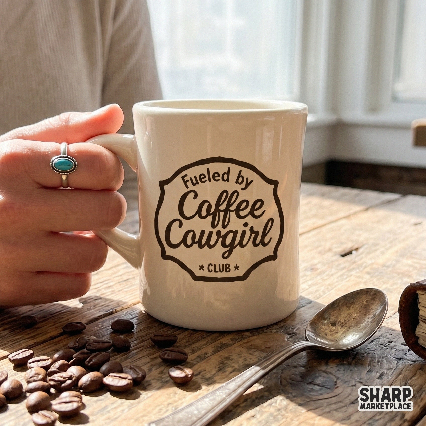 Espresso brown western badge design with hand-drawn script and serif typography, perfect for coffee-themed apparel or sublimation.