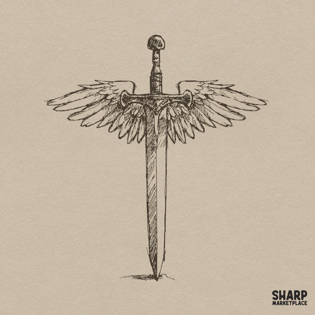 Angelic winged sword fantasy sketch holy blade digital PNG design for Christian t-shirts and apparel