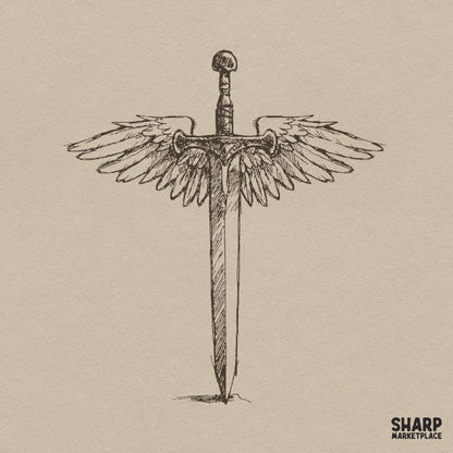Angelic winged sword fantasy sketch holy blade digital PNG design for Christian t-shirts and apparel