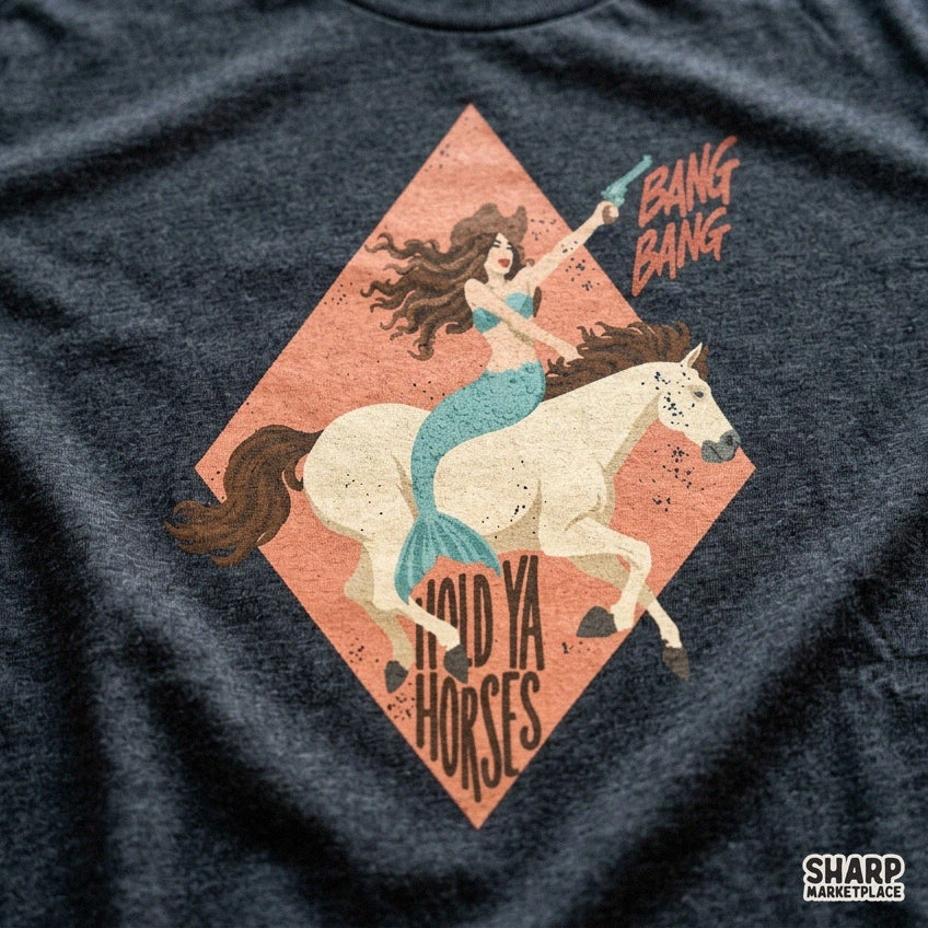 Funny cowgirl mermaid riding a horse retro western png graphic for rodeo t-shirts