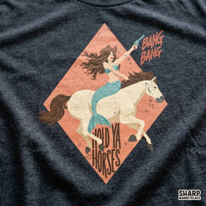 Funny cowgirl mermaid riding a horse retro western png graphic for rodeo t-shirts