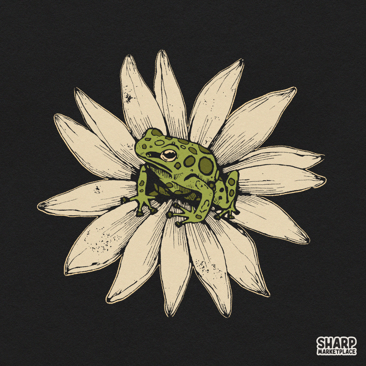 Vibrant green frog sitting on a white daisy flower illustration, cute spring nature png for t-shirt design