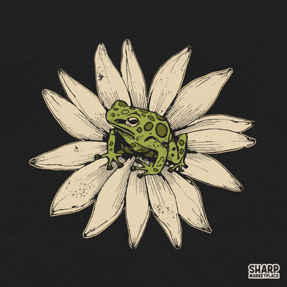 Vibrant green frog sitting on a white daisy flower illustration, cute spring nature png for t-shirt design
