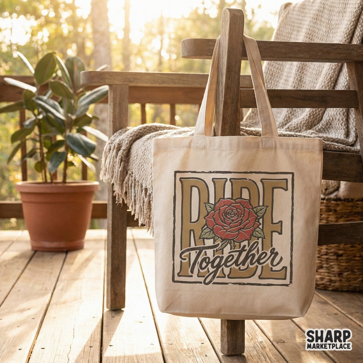 Digital sublimation graphic with a rugged motorcycle club theme, featuring a blooming red rose, vintage tan typography, and a distressed square border.