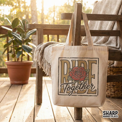Digital sublimation graphic with a rugged motorcycle club theme, featuring a blooming red rose, vintage tan typography, and a distressed square border.