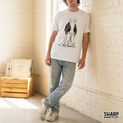 Edgy anthropomorphic shark wearing a leather jacket and baggy jeans y2k streetwear shirt png graphic
