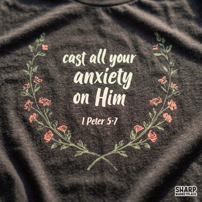 Retro floral wreath Bible verse PNG with Cast All Your Anxiety On Him scripture for Christian shirts and fall crafts