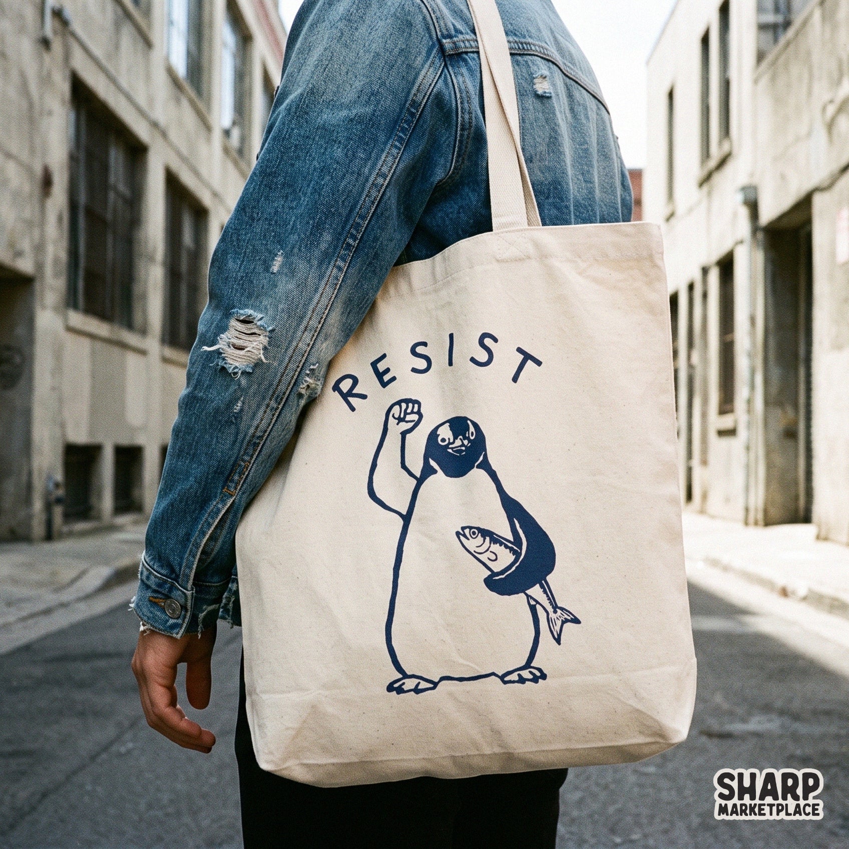 Funny sarcastic animal meme graphic featuring a rebellious penguin with a fish art design for shirt prints