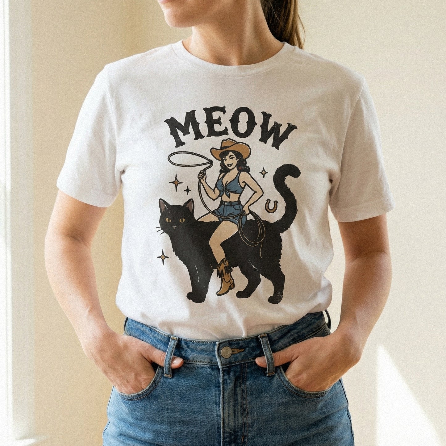 Meow PNG, Retro Cowgirl Cat Art Printable - 300 DPI Design for T-Shirt