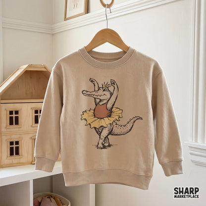 Whimsical dancing alligator in a ballet tutu and crown, retro funny png design for custom trendy shirts