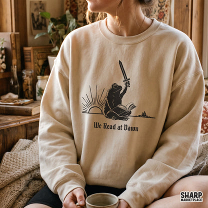 We Read At Dawn sword frog graphic design for fantasy bookish reader t-shirts and sublimation PNG downloads