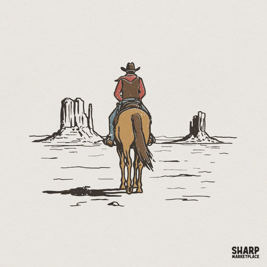 Retro western illustration of a lone cowboy on horseback riding toward desert buttes, featuring a distressed vintage texture and muted earthy tones.