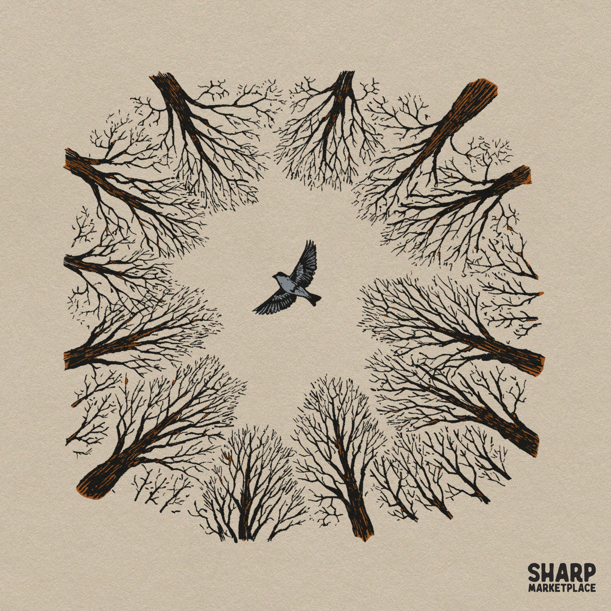 Bird Flying Through Tree Canopy Circle PNG, Vintage Winter
