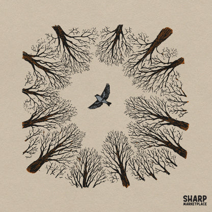 Bird Flying Through Tree Canopy Circle PNG, Vintage Winter