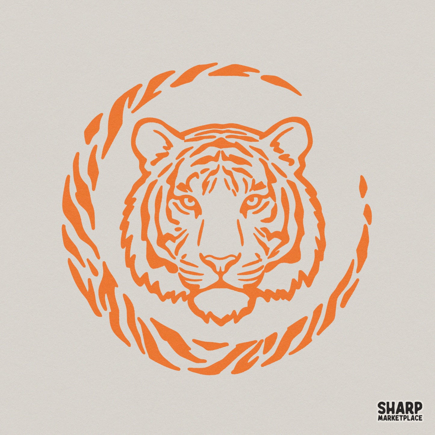 Fierce orange tiger head outline graphic with a circular striped frame, perfect for sublimation, t-shirt designs, and custom vinyl stickers.