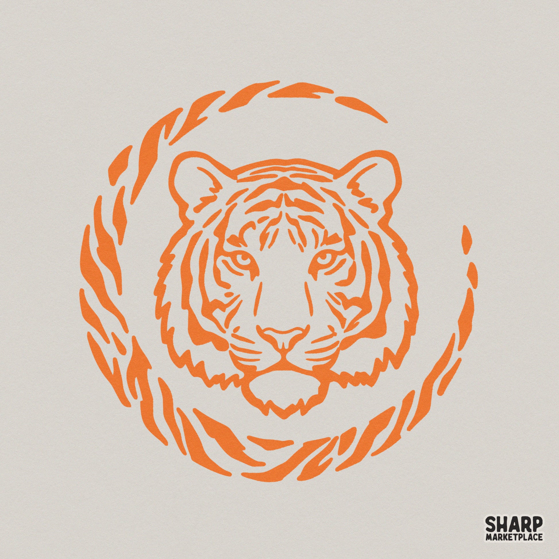 Fierce orange tiger head outline graphic with a circular striped frame, perfect for sublimation, t-shirt designs, and custom vinyl stickers.
