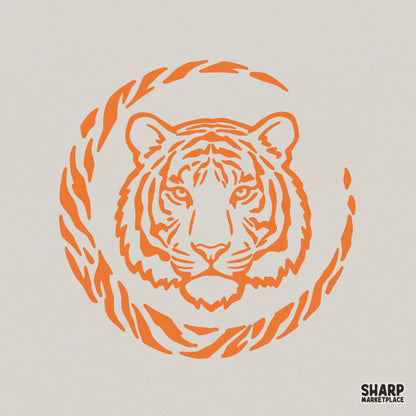 Fierce orange tiger head outline graphic with a circular striped frame, perfect for sublimation, t-shirt designs, and custom vinyl stickers.