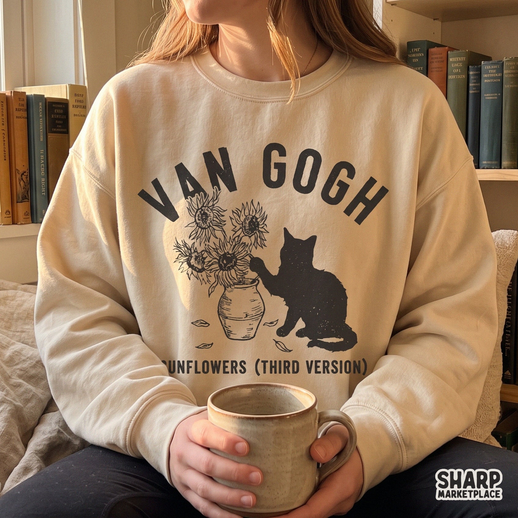 Funny Van Gogh sunflowers art parody with a naughty kitten and sarcastic dark humor for cat mom shirts and decor