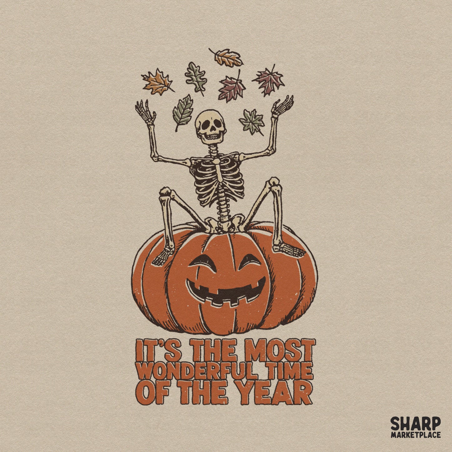 Retro skeleton inside a jack o lantern with fall leaves for a spooky season Halloween shirt digital PNG design