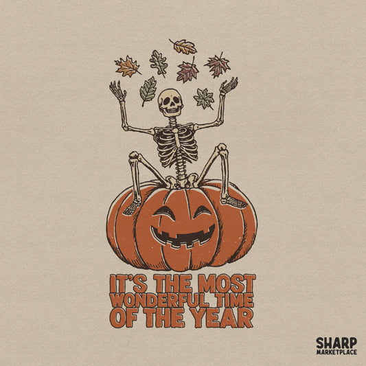 Retro skeleton inside a jack o lantern with fall leaves for a spooky season Halloween shirt digital PNG design