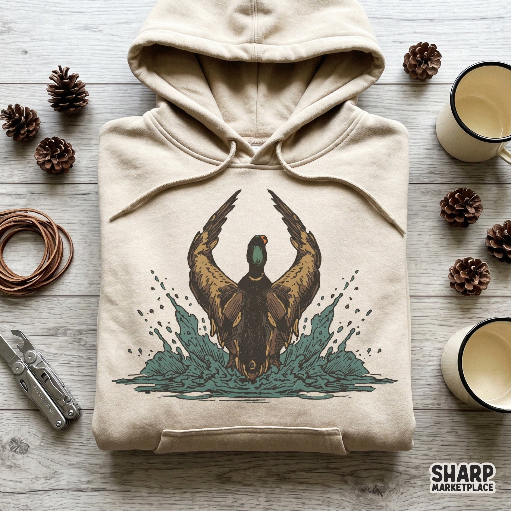 Vintage retro mallard duck landing in water with a splash sublimation design for hunting t-shirts
