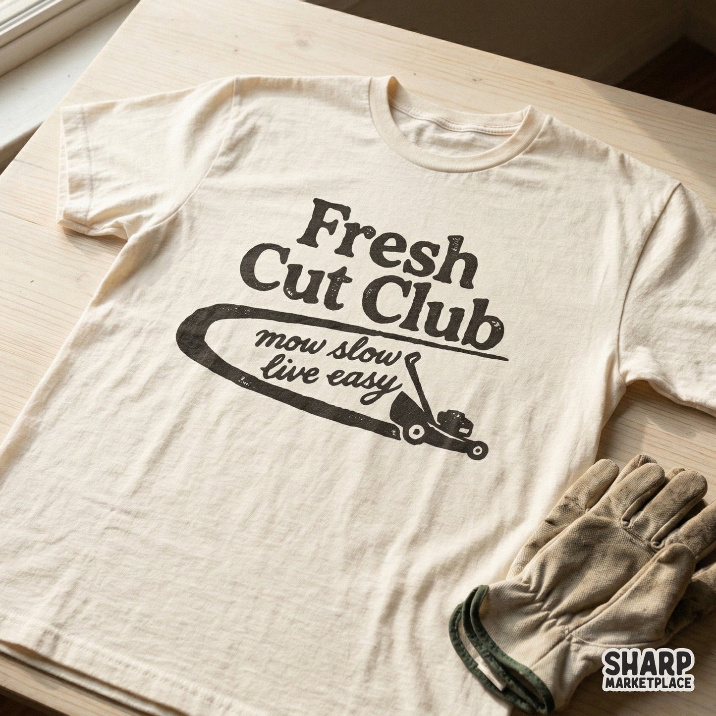 Distressed badge-style graphic with a vintage mower and the text Fresh Cut Club mow slow live easy, suitable for DIY apparel and home decor projects.