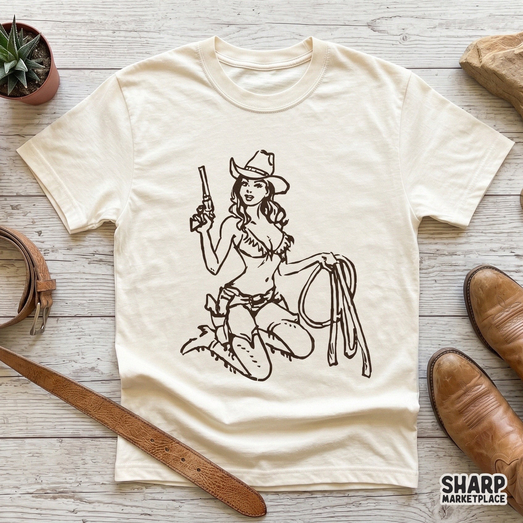 Detailed monochromatic brown line art of a kneeling cowgirl with a lasso and revolver, ideal for creating custom western-themed stickers, tumblers, or wall art.