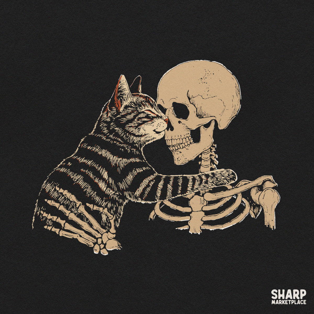 Tabby Cat Hugging Human Skeleton Ribcage, Popular Trending