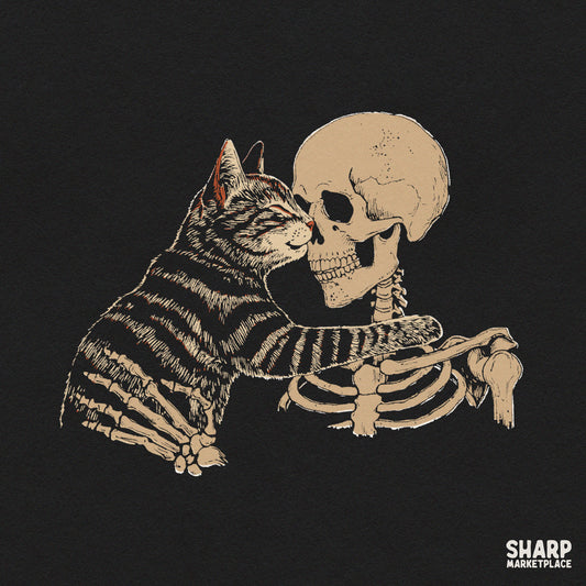 Tabby Cat Hugging Human Skeleton Ribcage, Popular Trending