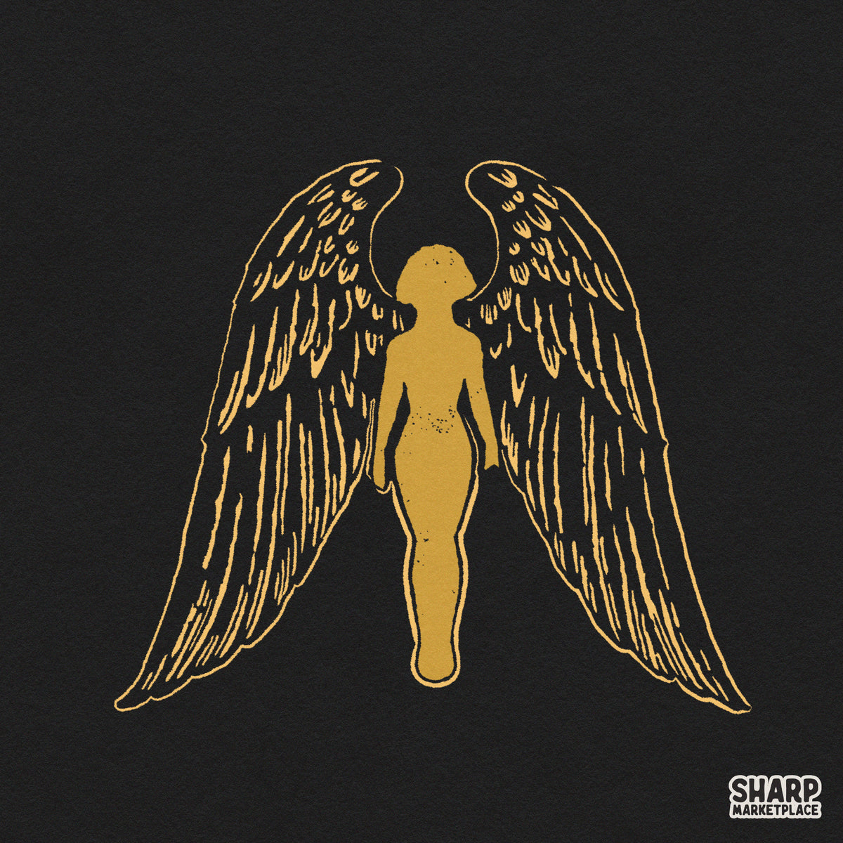 Golden guardian angel silhouette with majestic wings PNG sublimation graphic for Christian faith t-shirts