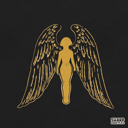 Golden guardian angel silhouette with majestic wings PNG sublimation graphic for Christian faith t-shirts