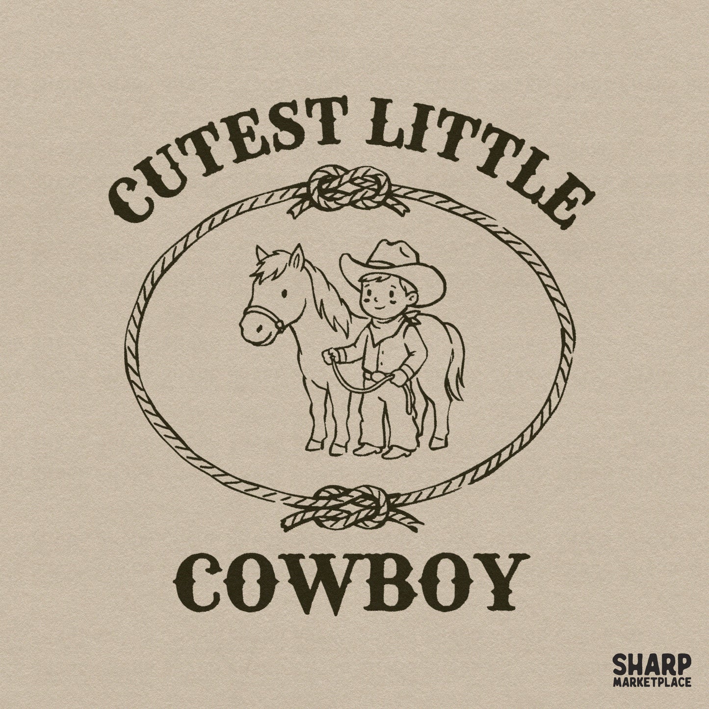 Vintage style Cutest Little Cowboy digital design featuring a young boy and horse inside a rope frame, perfect for western themed apparel sublimation.