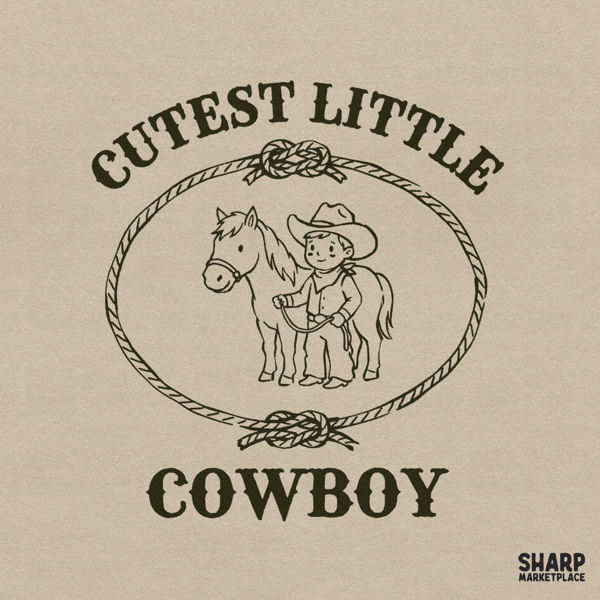 Vintage style Cutest Little Cowboy digital design featuring a young boy and horse inside a rope frame, perfect for western themed apparel sublimation.