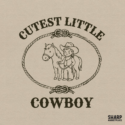 Vintage style Cutest Little Cowboy digital design featuring a young boy and horse inside a rope frame, perfect for western themed apparel sublimation.