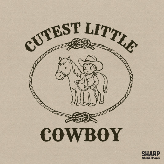 Vintage style Cutest Little Cowboy digital design featuring a young boy and horse inside a rope frame, perfect for western themed apparel sublimation.