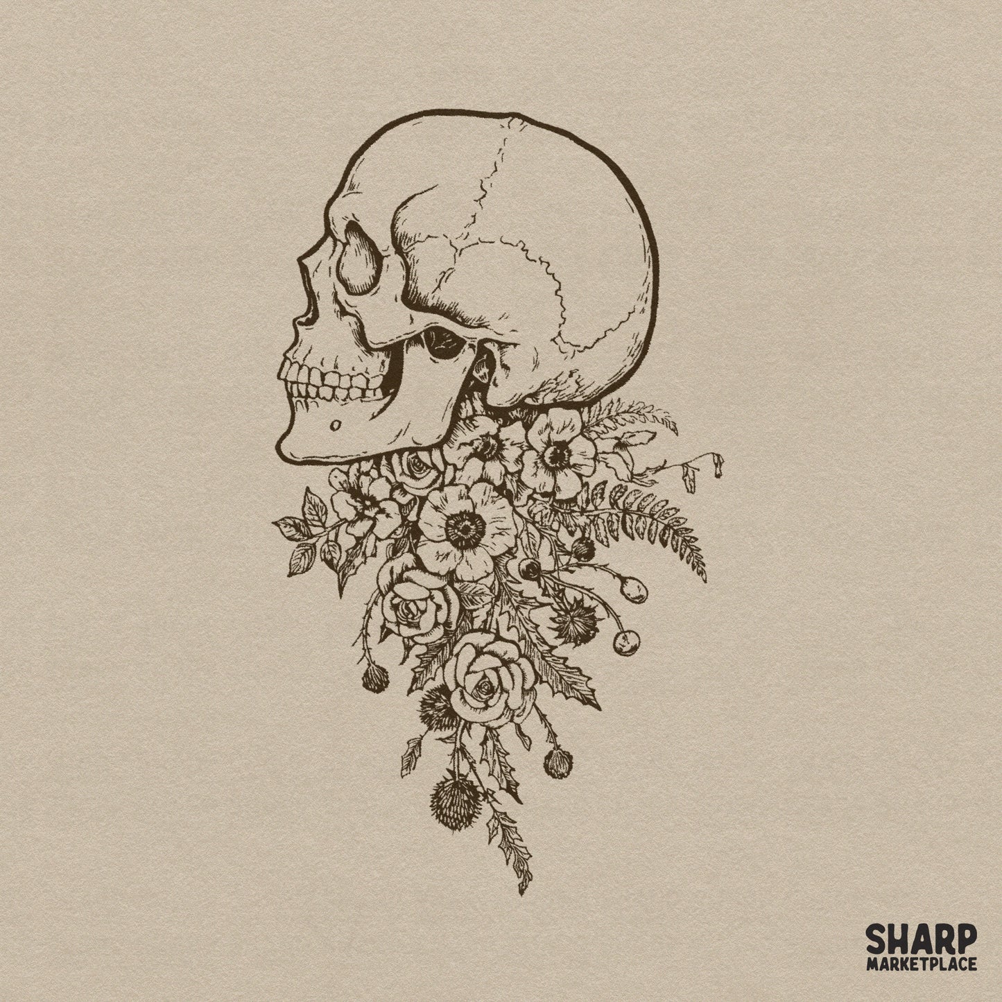 Vintage side profile skull with wildflowers in a dark academia botanical art style for custom DTF shirt png designs