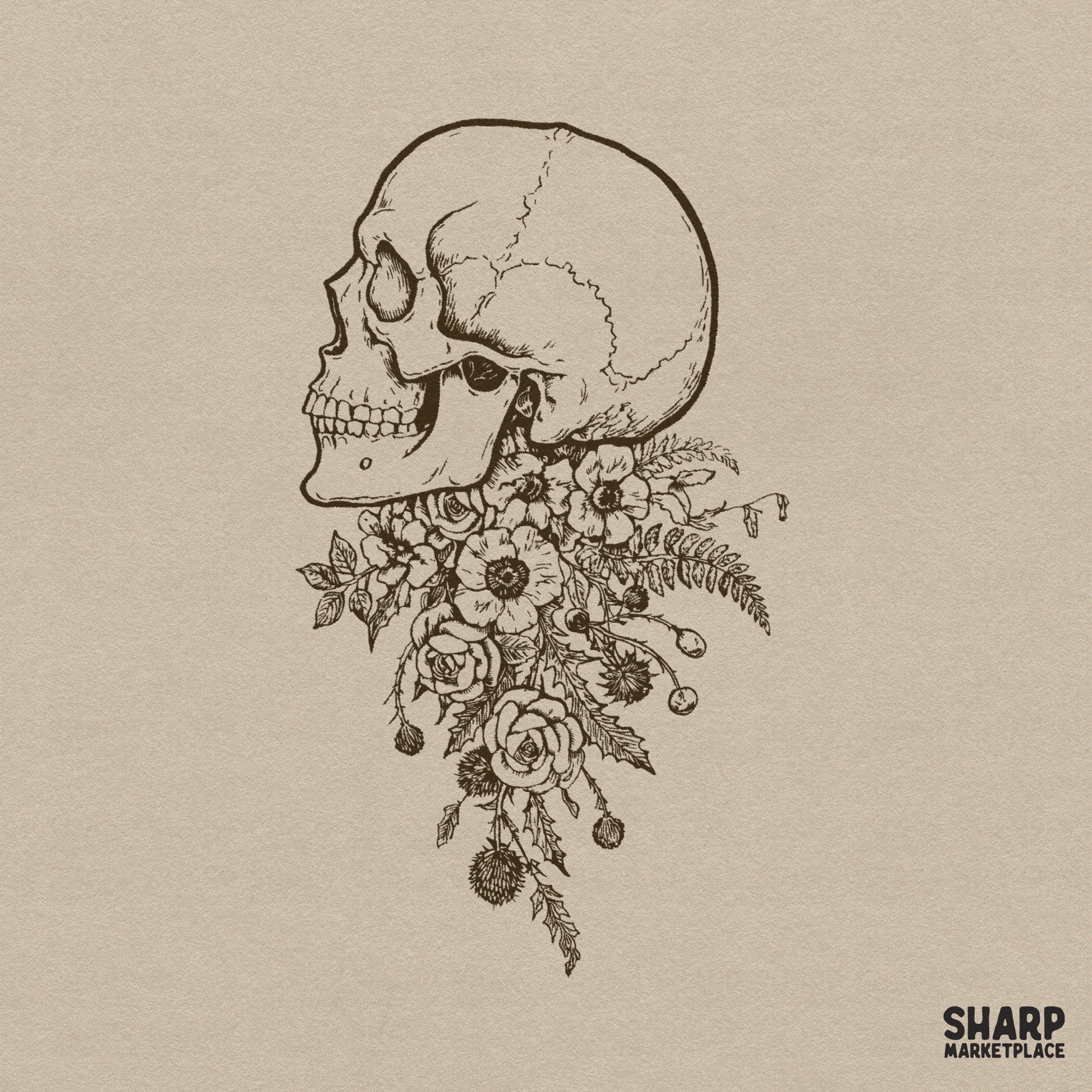 Vintage side profile skull with wildflowers in a dark academia botanical art style for custom DTF shirt png designs