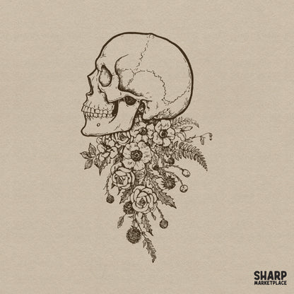 Vintage side profile skull with wildflowers in a dark academia botanical art style for custom DTF shirt png designs