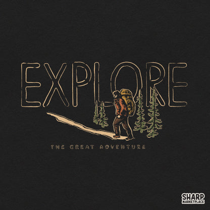 Retro explore the great adventure camping png featuring pine trees for outdoor fall shirt designs