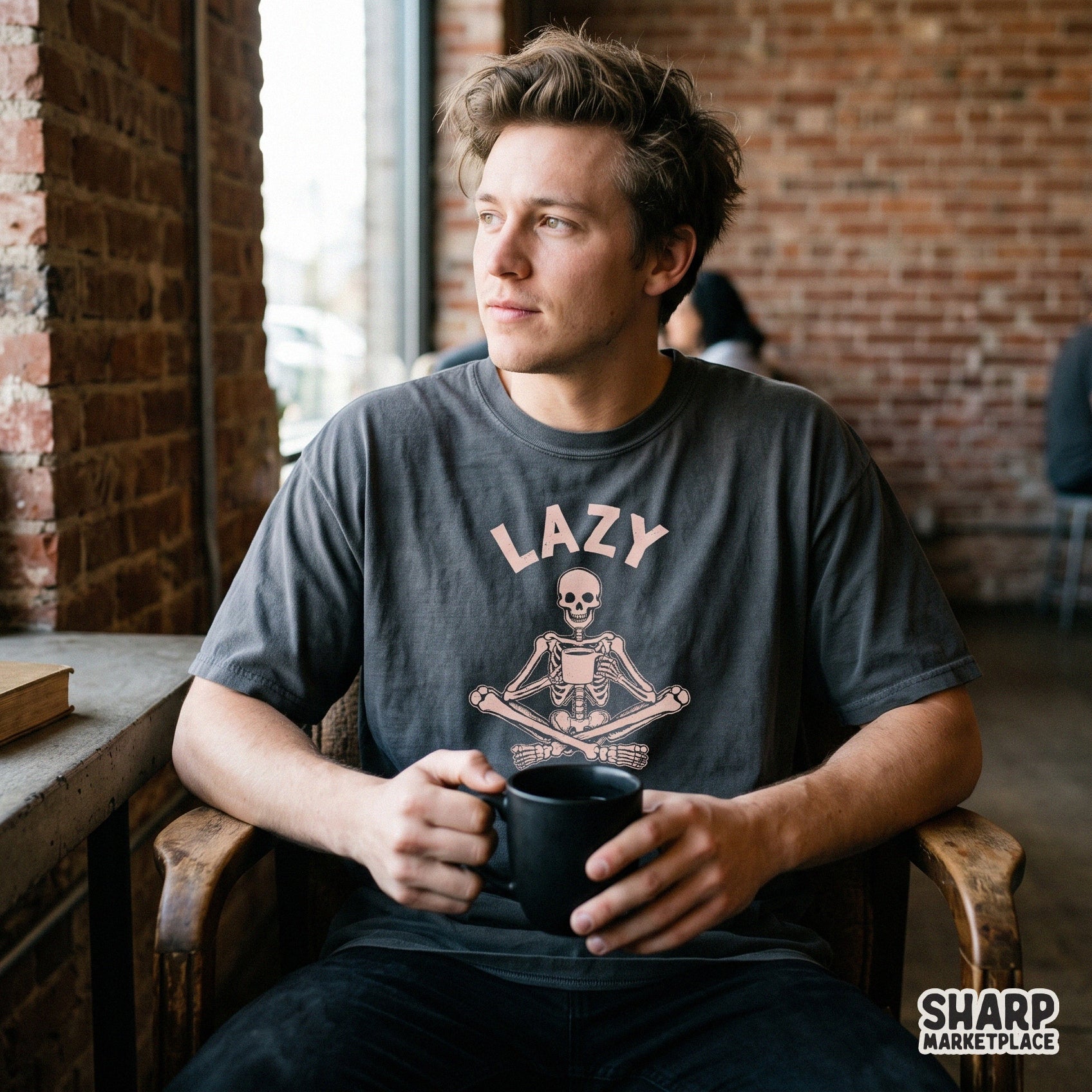 Funny lazy bones pink skeleton coffee humor design for trendy retro spooky season Halloween apparel printing