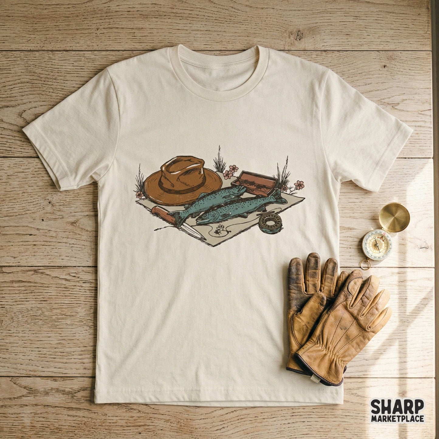 T-shirt mockup featuring a retro fishing still life design with trout, a hat, and fly fishing gear, ideal for custom summer apparel and DTF printing.