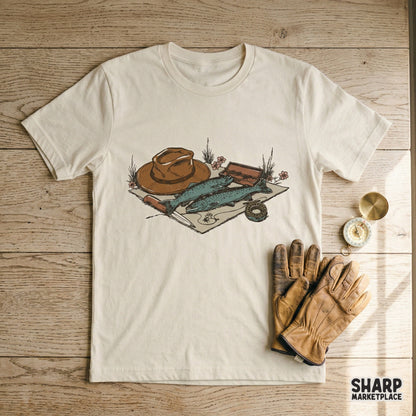 T-shirt mockup featuring a retro fishing still life design with trout, a hat, and fly fishing gear, ideal for custom summer apparel and DTF printing.