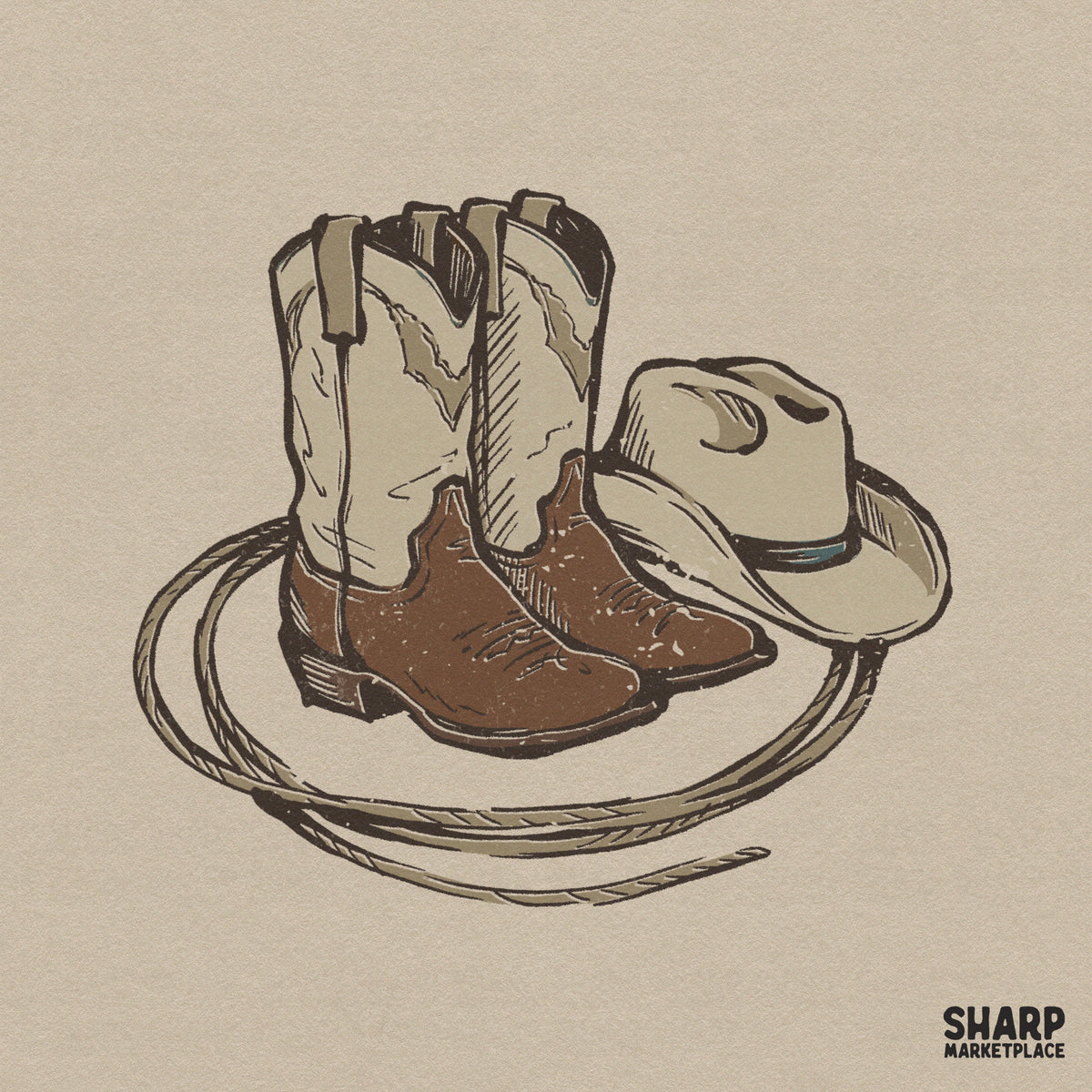 Hand-drawn vintage western illustration featuring cowboy boots, a ranch hat, and a lasso rope in muted brown and tan tones for sublimation.