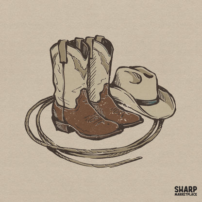 Hand-drawn vintage western illustration featuring cowboy boots, a ranch hat, and a lasso rope in muted brown and tan tones for sublimation.