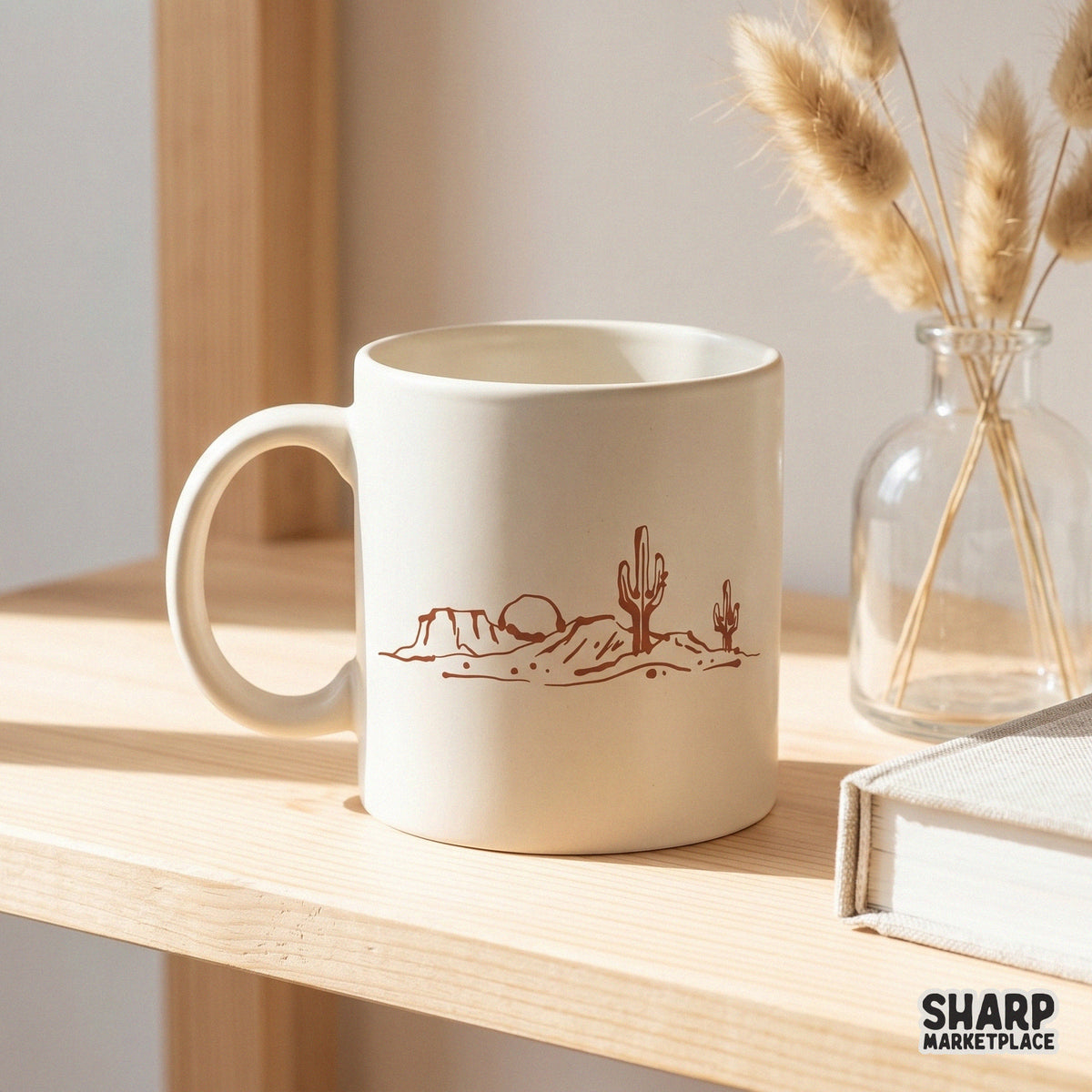 Earthy desert sunset landscape illustration in a minimal line art style, suitable for DIY stickers, wall art, and western themed sublimation crafts.
