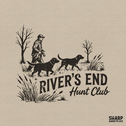 Vintage style digital design featuring a hunter with two retrievers in a marsh, with the text River's End Hunt Club in a rustic, textured font.
